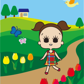 お花畑をおさんぽする女の子のイラスト